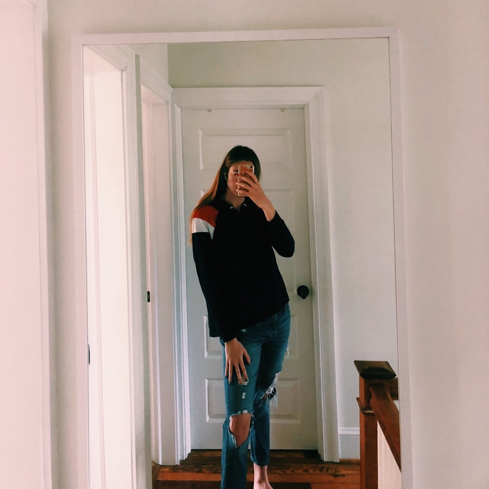 Navy sweatshirt with red and white stripes